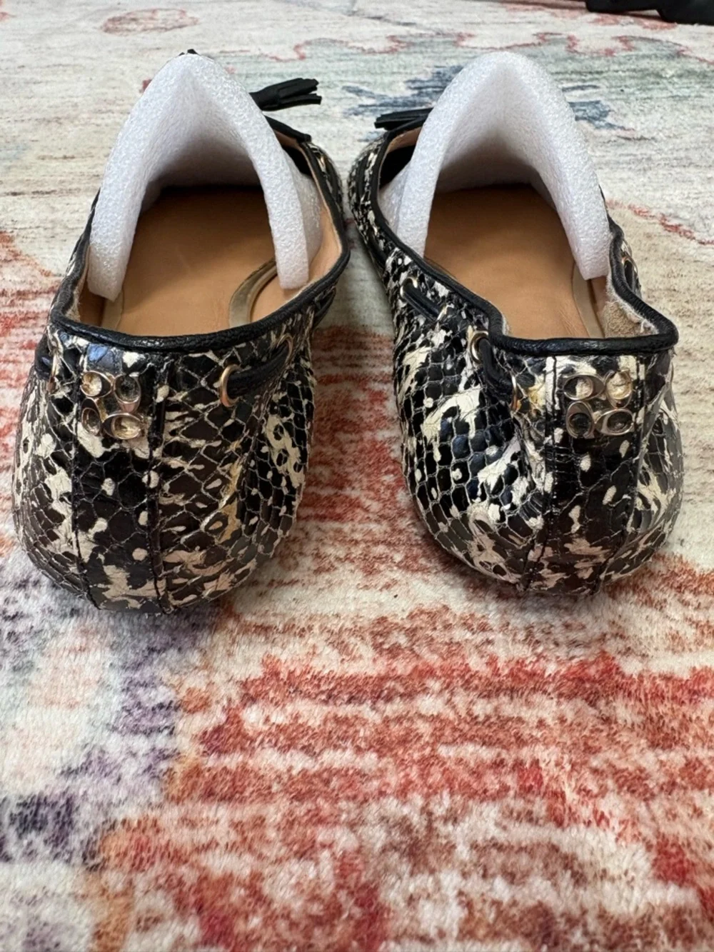 Coach Shoes Snakeskin Print‎ Black White Leather Malika Tassel Flats Loafers 6B